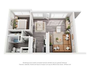 a stylized floor plan with a bedroom and a living room