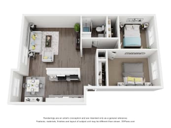 a stylized floor plan with a bedroom and a living room