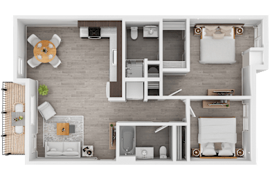 A top-down view of a modern apartment layout with a living room, kitchen, and bathroom.