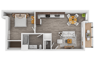 A top-down view of a house layout with a kitchen, living room, and bathroom.