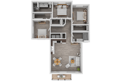A top-down view of a house layout with a kitchen, living room, two bedrooms, and a bathroom.