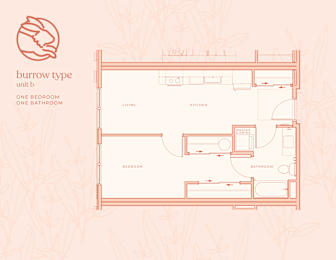 A floor plan of a one bedroom, one bathroom burrow type unit.