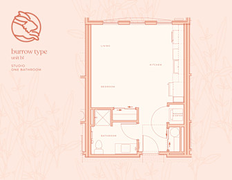 A floor plan of a studio apartment with a living room, kitchen, bedroom, and bathroom.