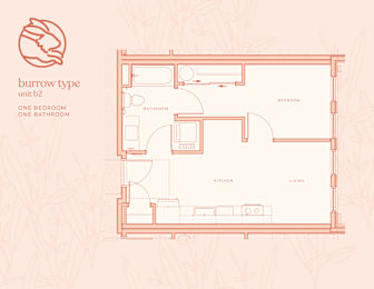 A floor plan of a burrow type unit with one bedroom and one bathroom.