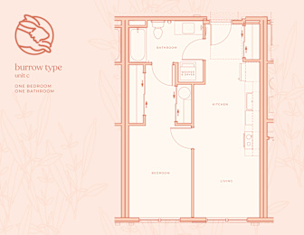 A floor plan of a burrow type unit with one bedroom and one bathroom.