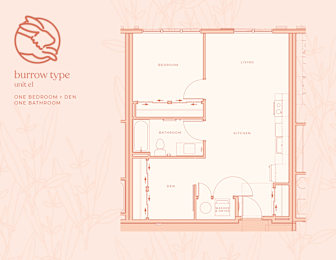 A floor plan of a burrow type unit with one bedroom and one bathroom.