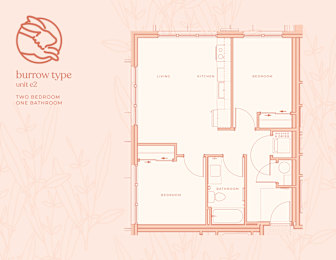 A floor plan of a burrow type unit with two bedrooms and one bathroom.