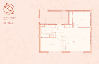 A floor plan of a burrow type unit with two bedrooms and one bathroom.