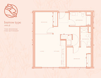 A floor plan of a burrow type unit with two bedrooms and two bathrooms.