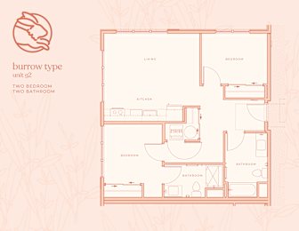 A floor plan of a burrow type unit with two bedrooms and two bathrooms.