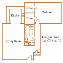 A diagram of a room showing a living room, kitchen, bathroom and bedroom.