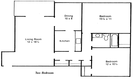 A floor plan of a two bedroom apartment with a living room, kitchen and two bathrooms.