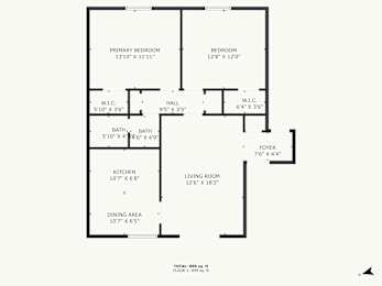 A floor plan of a house with a total area of 899 square feet.