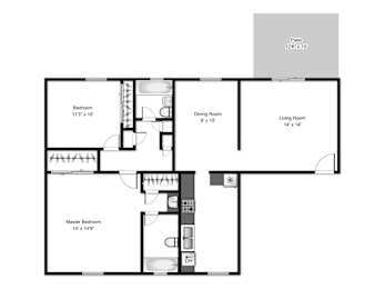A floor plan of a house with a master bedroom, a living room, a dining room, and a patio.