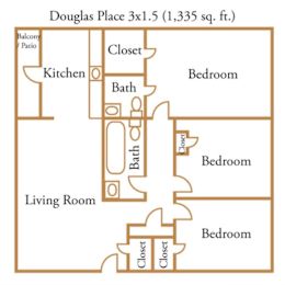 A diagram of a 3x1.5 Douglas Place apartment with 1,335 square feet.