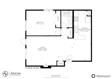 A floor plan for a home with a living room, kitchen, and bathroom.