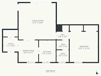 A black and white image of a floor plan for a small apartment.