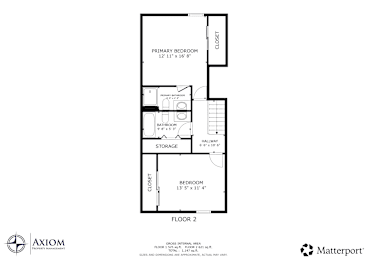 A floor plan for a home with a primary bedroom, bathroom, storage, and bedroom on the second floor.