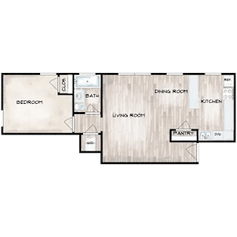 A floor plan of a house with a bedroom, living room, dining room, kitchen, and pantry.