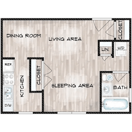 A floor plan of a small apartment with a kitchen, sleeping area, and bathroom.