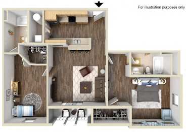 A 3D floor plan of a small apartment with a kitchen, living room, and bedroom.