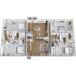 A detailed 3D floor plan of a house layout.