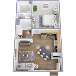 A top-down view of a well-organized apartment with a living room, kitchen, and bathroom.