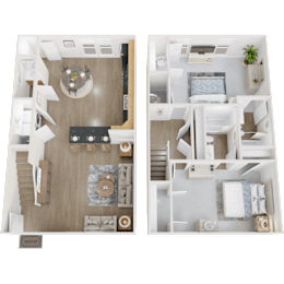 Two images of a model apartment, one with a kitchen and the other with a living room.
