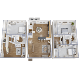 Three different layouts of a room with furniture and appliances.