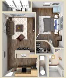 A top-down view of a small apartment with a kitchen, living room, and bathroom.