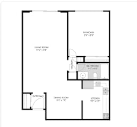 A floor plan of a house with a living room, dining room, kitchen, bathroom and bedroom.