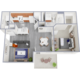 A 3D floor plan of a house showing a kitchen, living room, and two bedrooms.