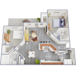 A 3D floor plan of a house with a kitchen, living room, and bedrooms.