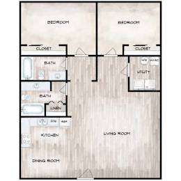 A floor plan of a house with two bedrooms, a living room, a dining room, a kitchen, and two bathrooms.