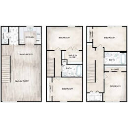 Three floor plans of a house with labeled rooms.