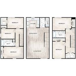 Three floor plans of a house with bedrooms, bathrooms, and a living room.
