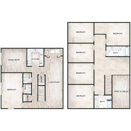 A floor plan of a house with two bedrooms, a living room, a kitchen, a dining room, and a bathroom.