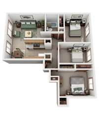 A 3D floor plan of a small apartment with two bedrooms and a living room.