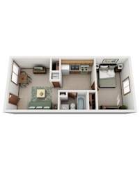 A top down view of a small apartment with a kitchen, living room, and bedroom.