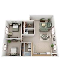 A top-down view of a small apartment with a kitchen, living room, and bedroom.