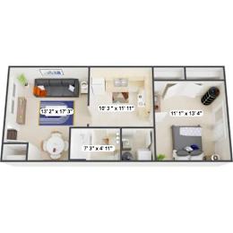 A floor plan of an apartment with dimensions of each room.