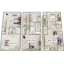 Three floor plans of a house with different layouts and dimensions.