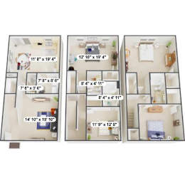 A set of three floor plans for residential apartments.