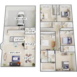 A floor plan of a two-story house with dimensions of each room.