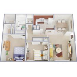 A dollhouse with a living room, kitchen, and bedroom.