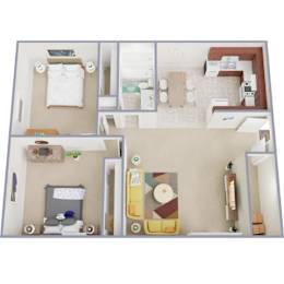 A dollhouse with a white doll sitting on a chair in the living room.