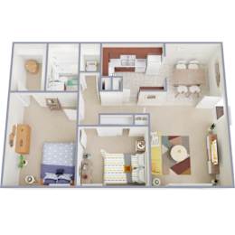 A dollhouse with a living room, kitchen, and bedroom.