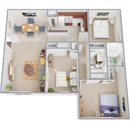 A dollhouse with a living room, dining room, kitchen, and bedroom.