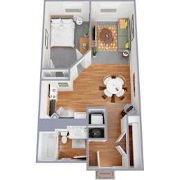 A floor plan of a small apartment with a kitchen, living room, and bathroom.
