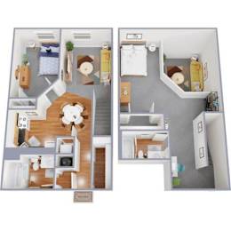 A floor plan of a two-bedroom apartment with a living room, kitchen, and bathroom.
